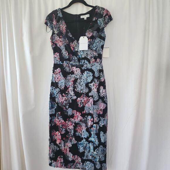 DRESS the POPULATION Women's S Allison Black Velvet Dress Sequins Midi NWT - Picture 2 of 11